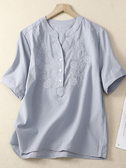 Lovevop Casual Short Sleeved Embroidered Half Open Collar Shirt