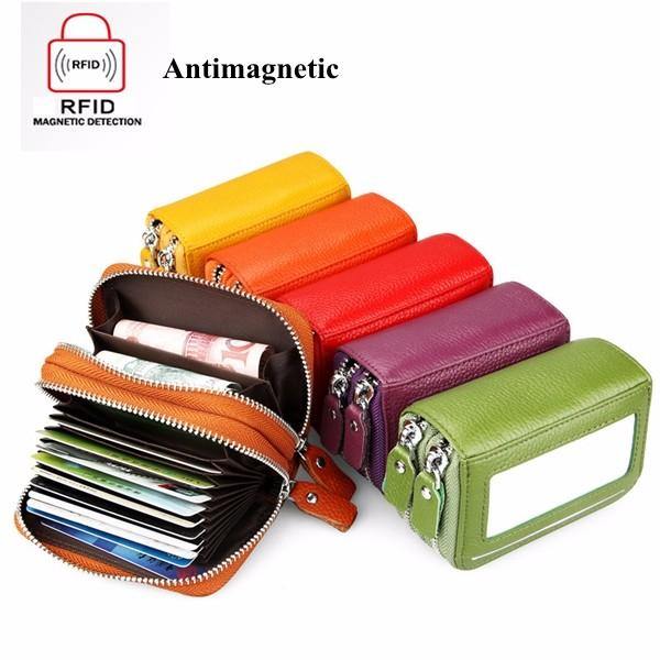 elvesmall Genuine Leather RFID Double Zipper 11 Card Holder Coin Bag