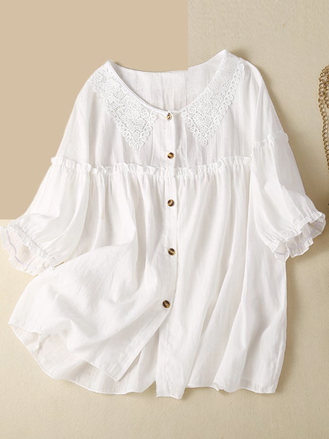 Lovevop Cotton Fashion Lace Collar Thin Mid Sleeve Shirt