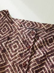 Lovevop Mid-Length Striped Loose Retro Print Tie-Waist Ramie Dress