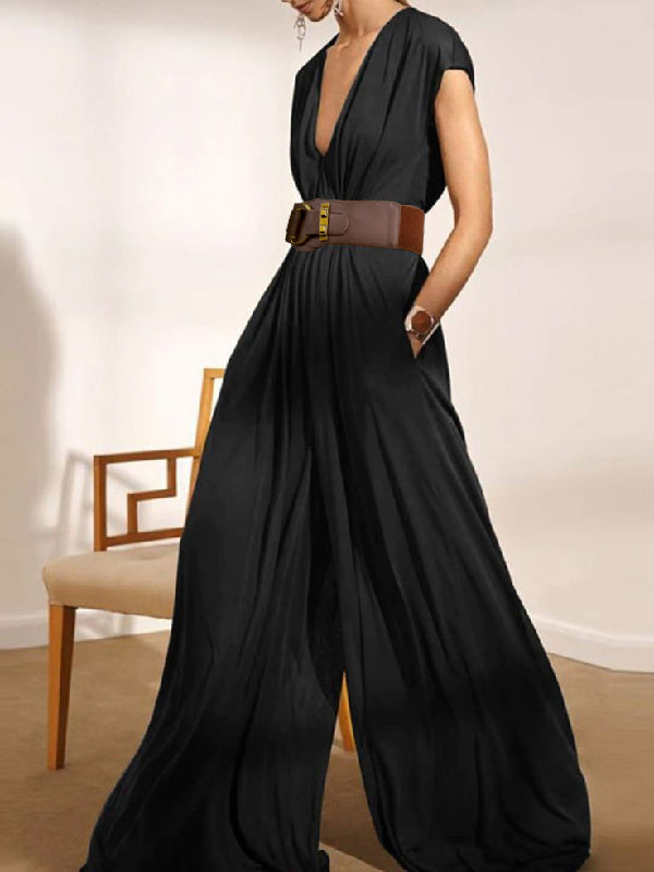 Love-vop - Urban Loose Wide Leg Solid Color V-Neck Jumpsuits Bottoms