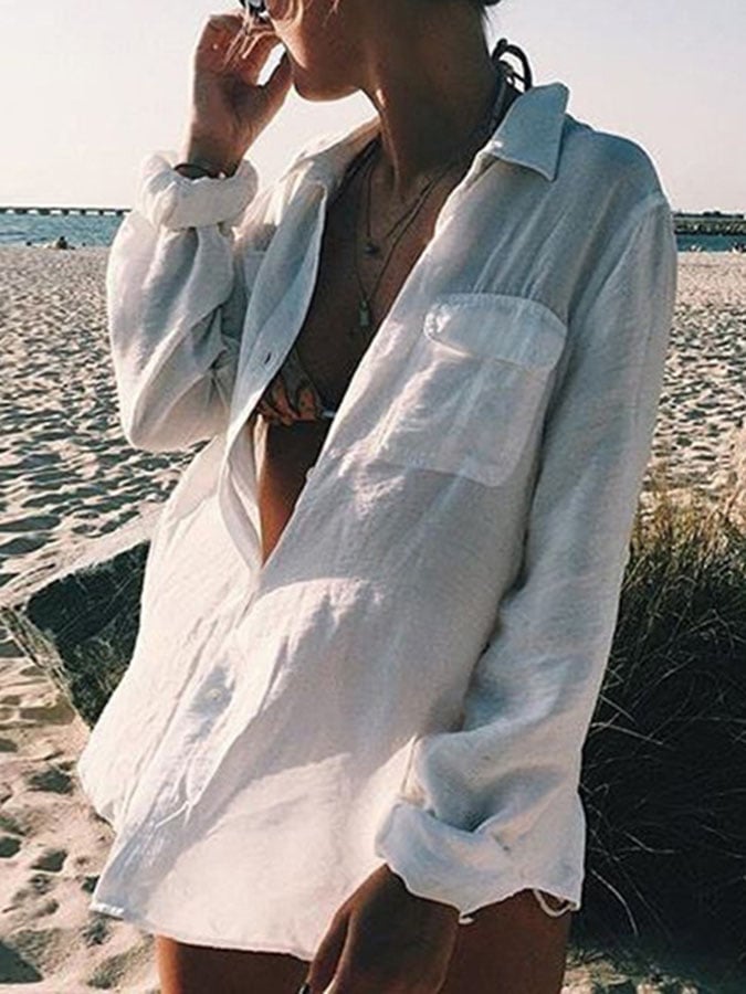 Women Long Sleeve Beach Shirt Blouses Bathing Suit Cover Up Button Down Collar