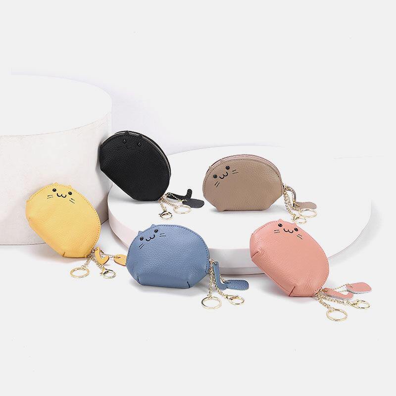 elvesmall Women Genuine Leather Casual Cute Animal Cat Pattern Mini Hanging Coin Bag Storage Bag