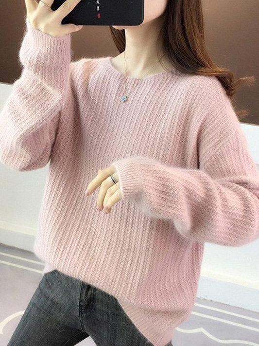 lovevop Simple Casual Loose 4 Colors Round-Neck Long Sleeves Sweater Top