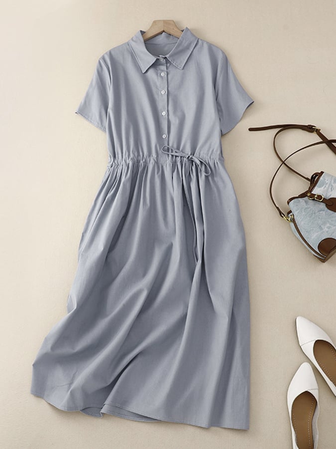 Lovevop Belted Solid Color Shirt Dress