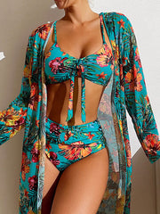 Three-Piece Floral-Print Strappy Swimsuit Set