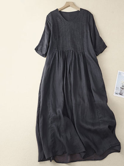 Lovevop Vintage Cotton And Linen Organ Pleated V-neck Short Sleeve Dress