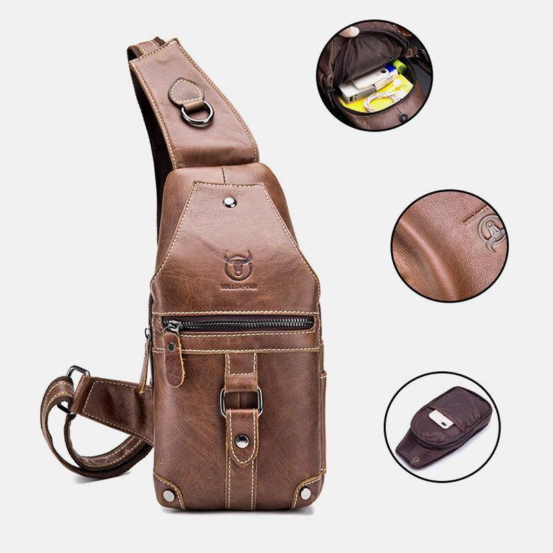 lovevop Men Genuine Leather Multi-Pocket Anti-Theft Wear-Resistant Vintage Casual Crossbody Bag Chest Bag