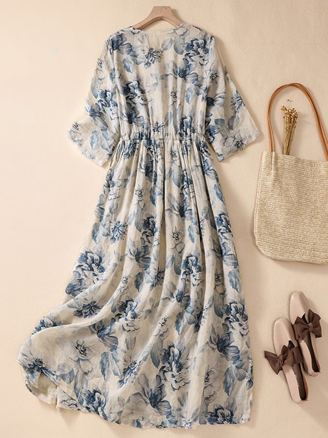 Lovevop Cotton And Linen V-Neck Pleated Vintage Printed Dress