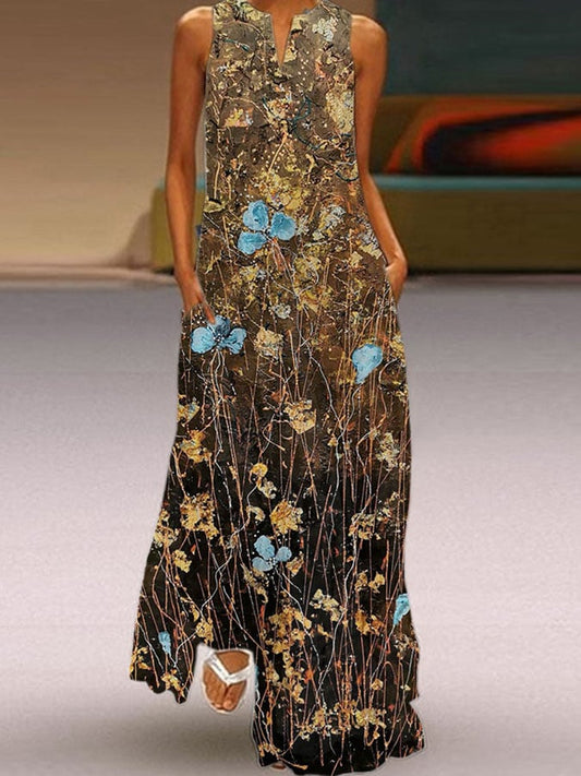 Retro V-Neck Floral Oil Painting Print Maxi Dress