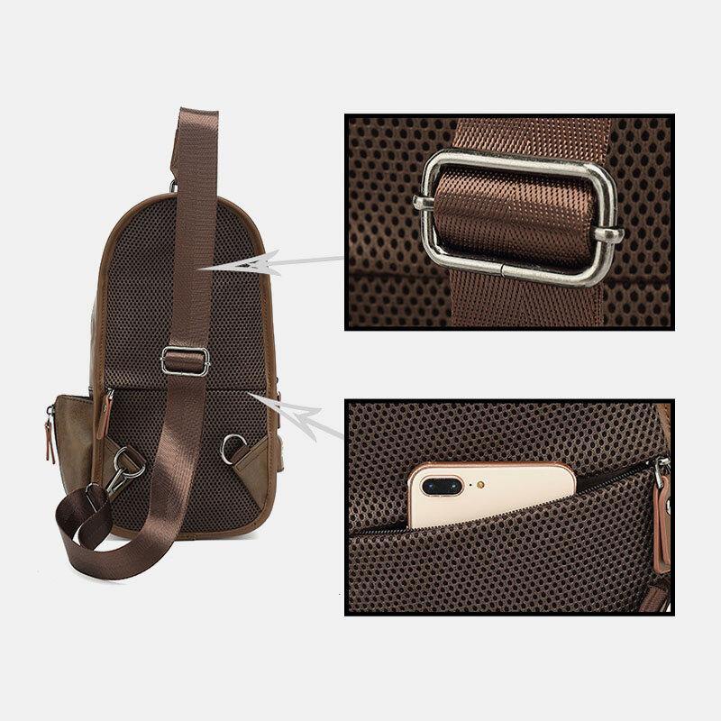 lovevop Men PU Leather Vintage Multifunction Earphone Hole USB Charging Crossbody Bag Chest Bag Sling Bag