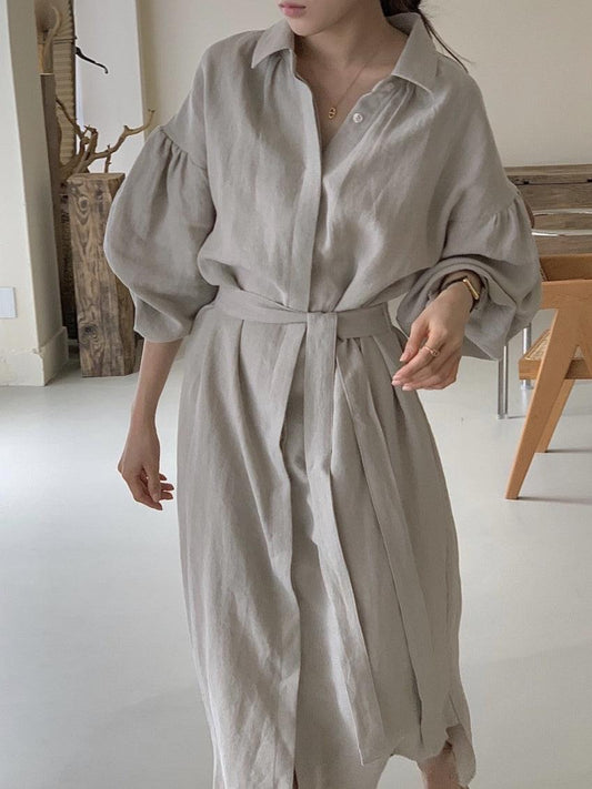 lovevop Lapel Loose Balloon Sleeve Shirt Dress