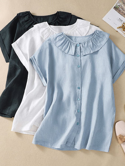 Lovevop Solid Color Ruffle Round Neck Button Casual Top