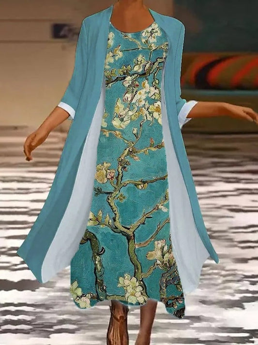 Women's Oil Painting Van Gogh Floral Print Dress Cape Two-Piece Set