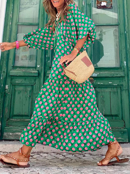 lovevop Hot Green Printed Vacation Loose Maxi Dresses