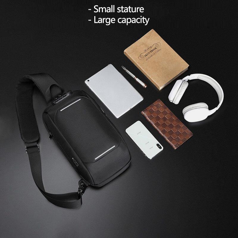 lovevop Men Oxford Password Lock Anti-theft Reflective Strip Design Waterproof Multi-pockets Crossbody Sling Bag Chest Bag