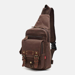 lovevop Men Genuine Leather And Canvas Travel Outdoor Carrying Bag Personal Crossbody Bag Chest Bag
