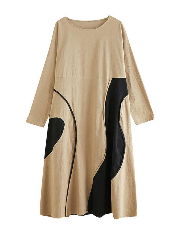 lovevop Casual Long Sleeves Loose Contrast Color Printed Round-Neck Midi Dresses