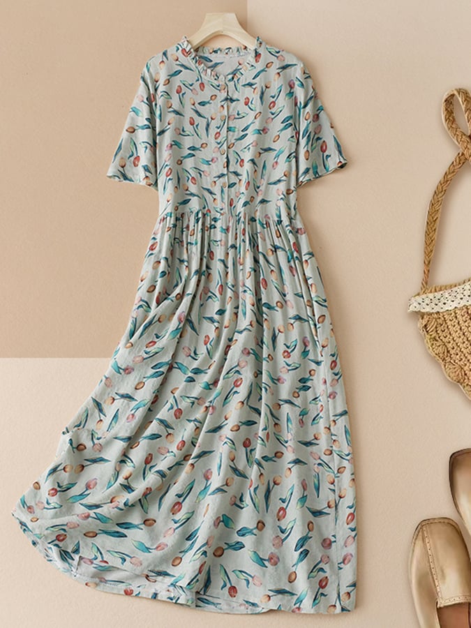 Lovevop Cotton And Linen Printed Artistic Waistband Dress