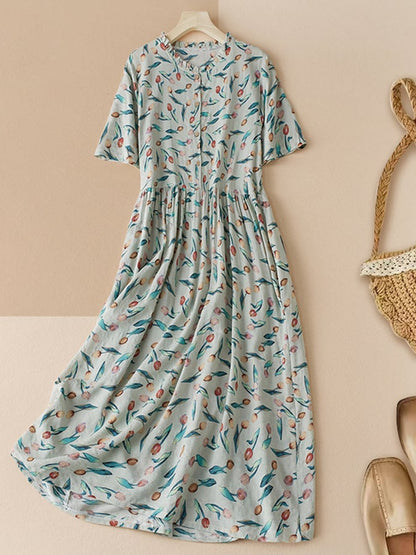 Lovevop Cotton And Linen Printed Artistic Waistband Dress