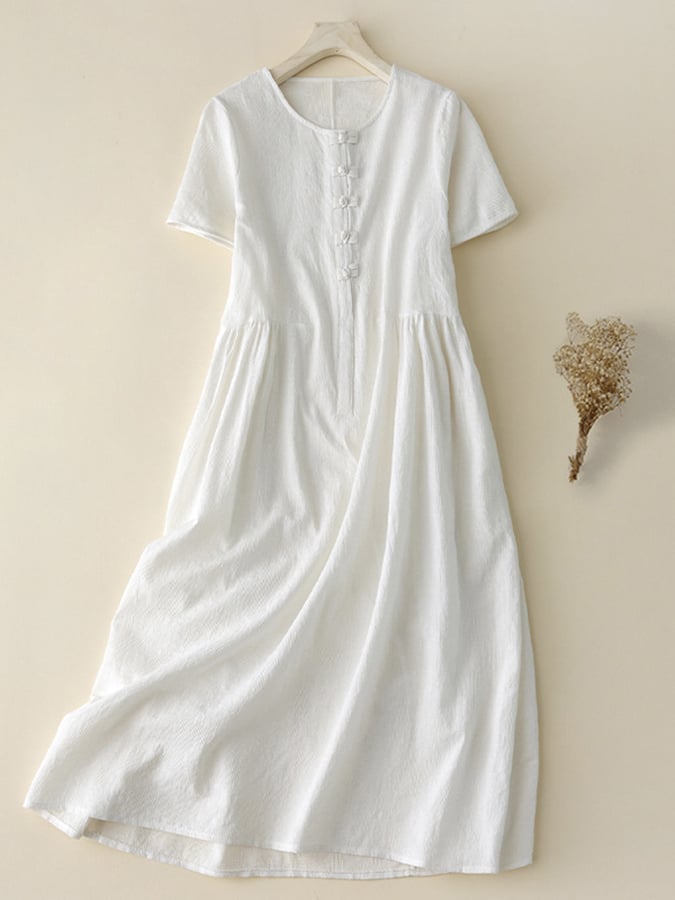 Lovevop Ethnic Style Jacquard Retro Button Loose Cotton Linen Dress