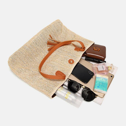 lovevop Women Tassel Decoration Large Capacity Hollow Straw Bags Handbag Shoulder Bag Beach Bag