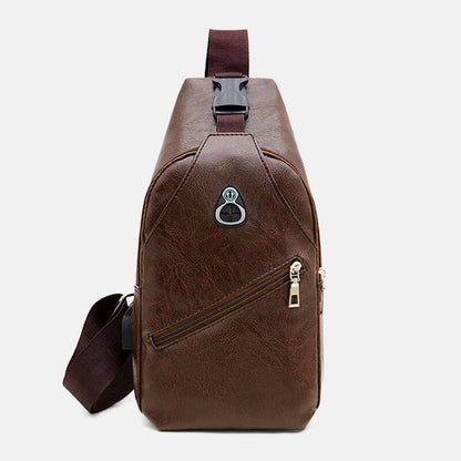 lovevop Men Faux Leather USB Charging Earphone Travel Retro Business Chest Bag Crossbody Bag