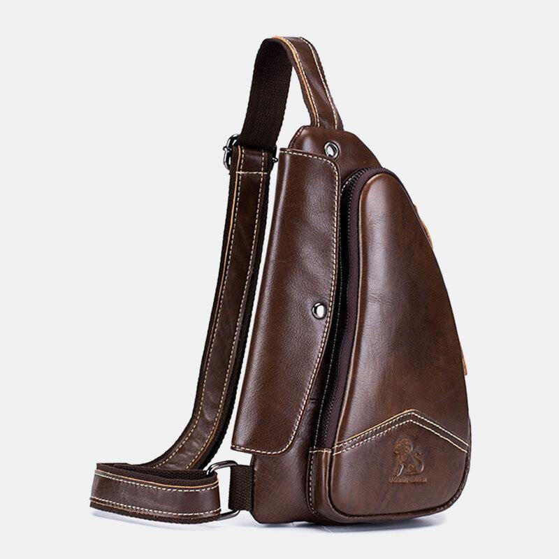 lovevop Men Genuine Leather Cowhide Triangle Shape Fashion Retro Business Shoulder Bag Chest Bag