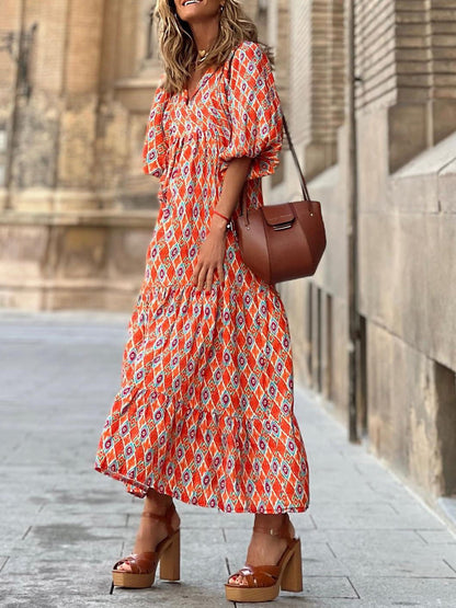 Printed Patch Puff Sleeve Dress