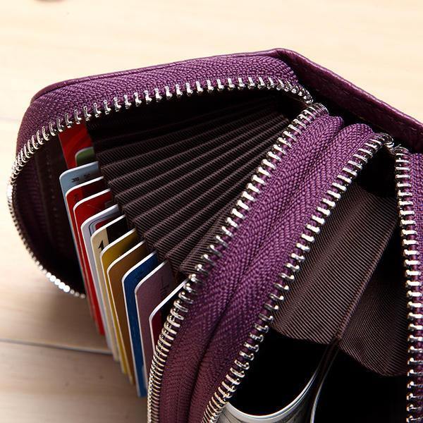 elvesmall Genuine Leather RFID Double Zipper 11 Card Holder Coin Bag