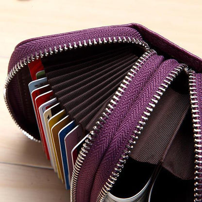 elvesmall Genuine Leather RFID Double Zipper 11 Card Holder Coin Bag