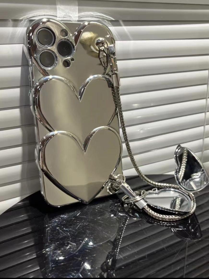 lovevop Bright Silver Heart Mirror Hand Chain Phone Case