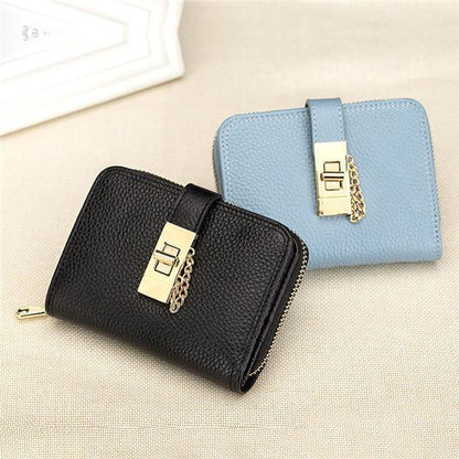 elvesmall Women Genuine Leather Zipper Card Holder Chain Lock Short Purse Wallets