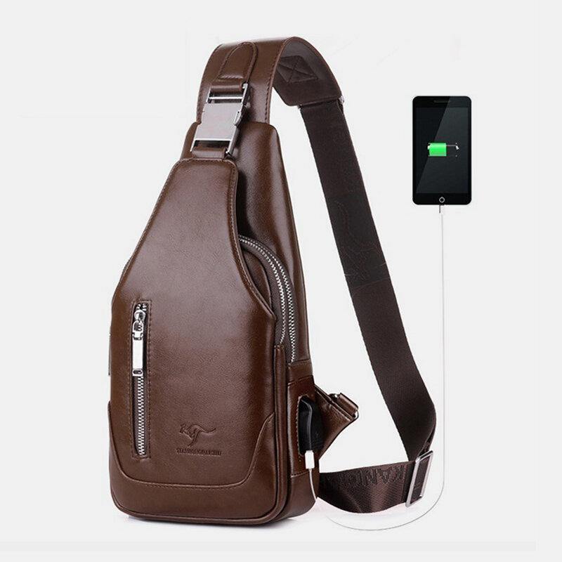 lovevop Men PU Leather Business Casual Outdoor Waterproof Multi-carry Shoulder Bag Crossbody Bag Chest Bag With USB Charging