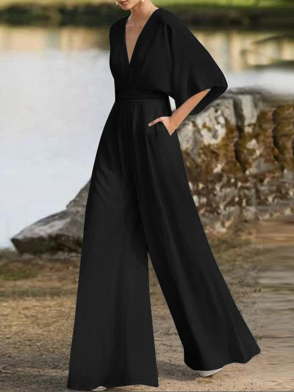 Love-vop - Simple Solid Color V-Neck Half Sleeves Wide Leg Jumpsuits