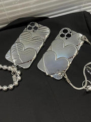 lovevop Bright Silver Heart Mirror Hand Chain Phone Case
