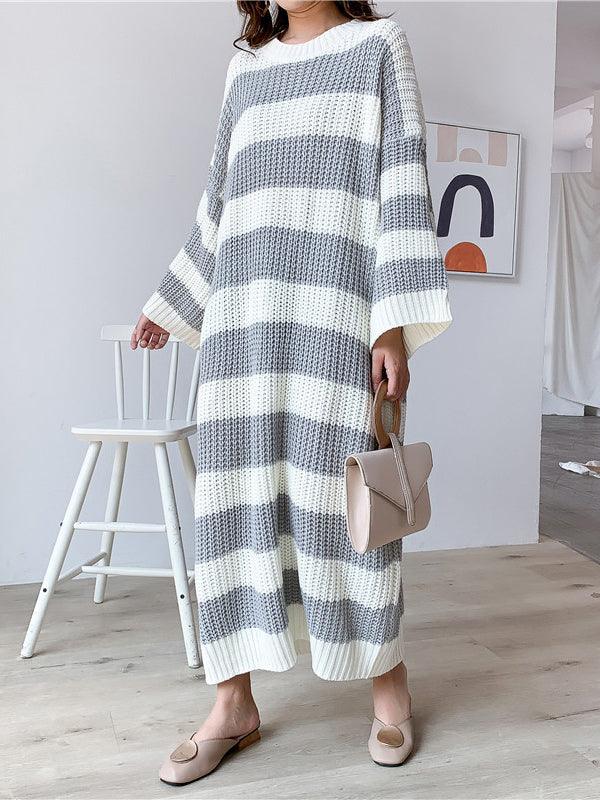 lovevop Stylish Loose Striped Round-Neck Sweater Dresses