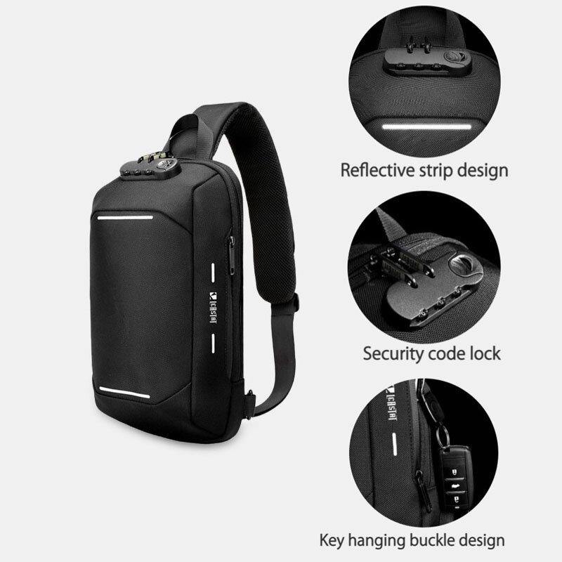 lovevop Men Oxford Password Lock Anti-theft Reflective Strip Design Waterproof Multi-pockets Crossbody Sling Bag Chest Bag
