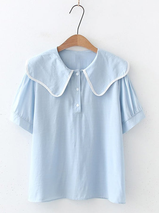 Lovevop Fresh And Sweet Solid Color Lotus Collar Short Sleeve Shirt