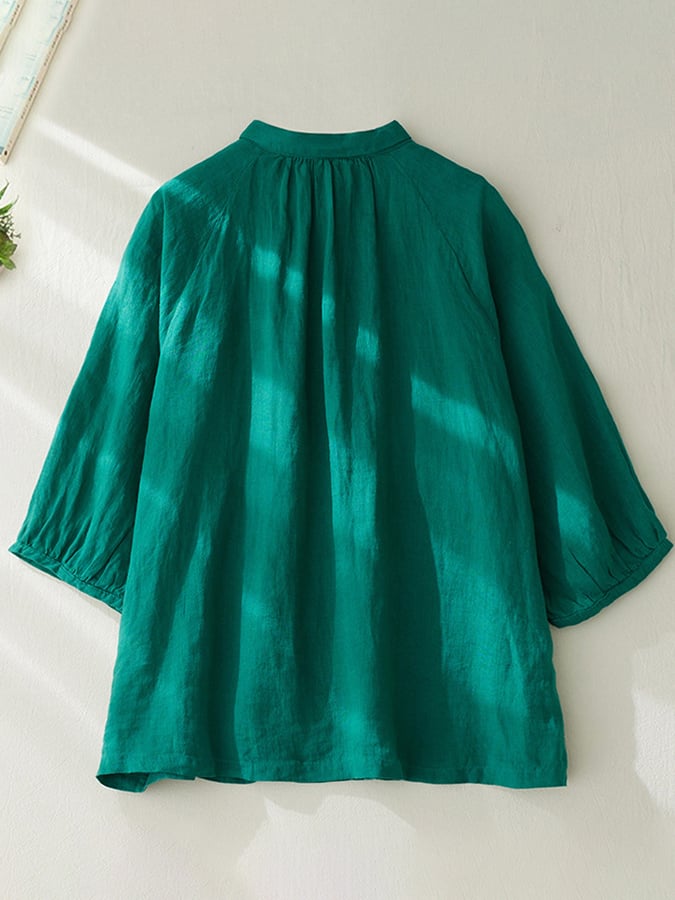 Lovevop Cotton Solid Color Raglan Sleeves Loose Shirt