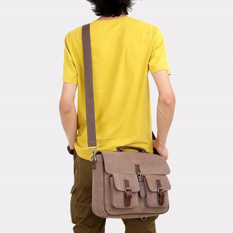 lovevop Men PU Leather Canvas Large Capacity 14 Inch Multifuntion Briefcase Crossbody Bags Handbag Backpack
