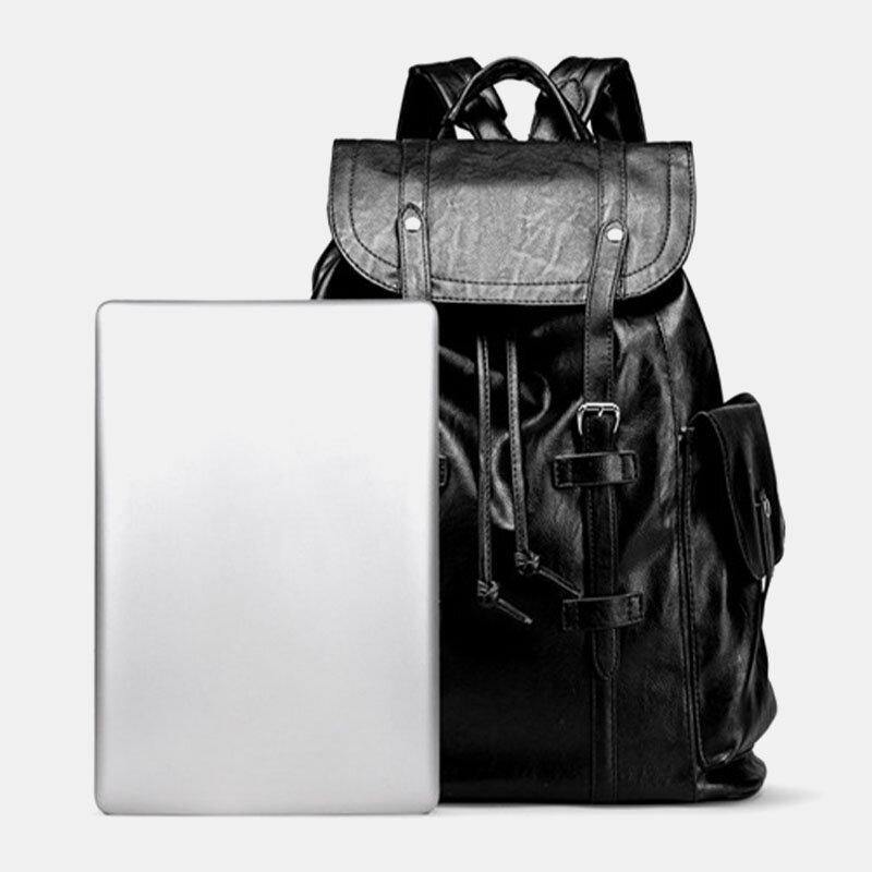 lovevop Men Retro Faux Leather Large Capacity Waterproof School Bag Travel Backpack
