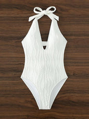 Solid Color Neck Tie Up V-Neck One Piece Swimsuit