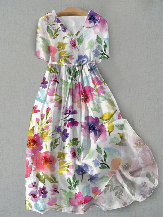 Lovevop Artistic Floral Print Doll Neck Dress