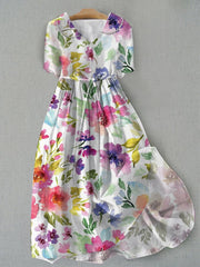 Lovevop Artistic Floral Print Doll Neck Dress