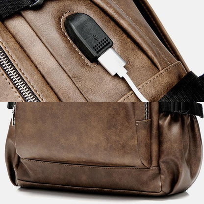 lovevop Men PU Leather USB Charging Business Casual Waterproof 14 Inch Laptop Bag Student School Bag Adjustable Backpack