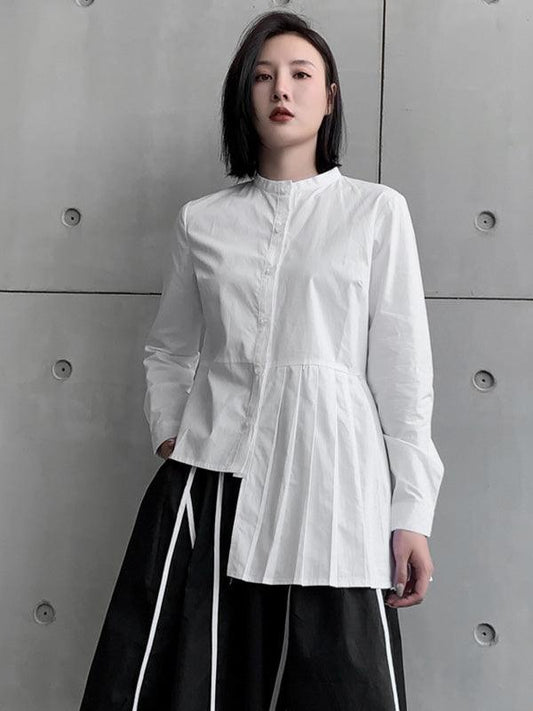 lovevop Stylish Irregular Solid Color Split-Joint Pleated Buttoned Stand Collar Long Sleeves Blouse