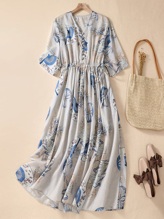 Lovevop Printed Loose Lace Up Waist Button Dress