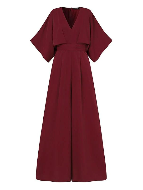 Love-vop - Simple Solid Color V-Neck Half Sleeves Wide Leg Jumpsuits