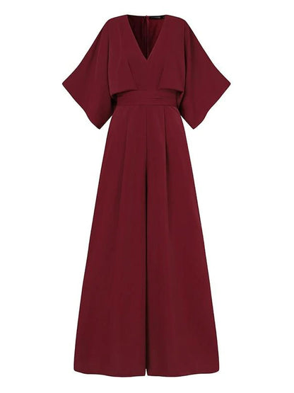 Love-vop - Simple Solid Color V-Neck Half Sleeves Wide Leg Jumpsuits